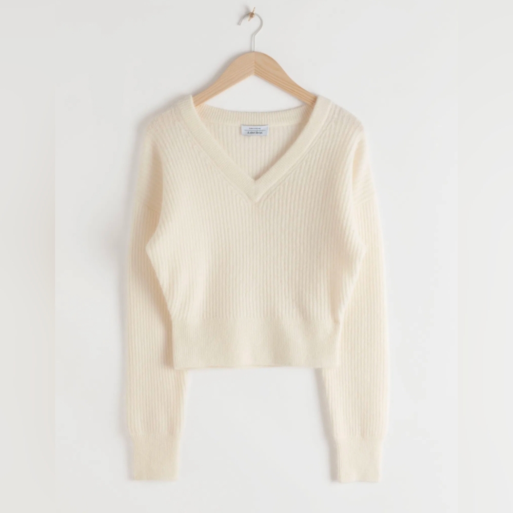 & Other Stories neutral cream Ribbed V-Neck Wool Alpaca Blend Sweater pullover M